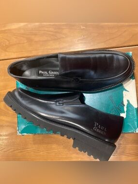 Paul Green Black Leather Lug-Sole Slip-On Loafers 5.5